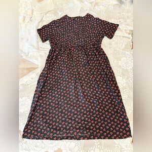 Black Floral Midi Dress with Red Rose Print